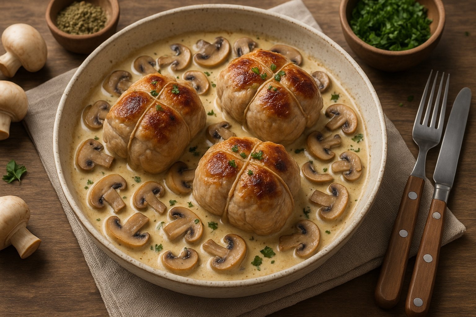 Recette Paupiettes de Porc à la Crème et aux Champignons